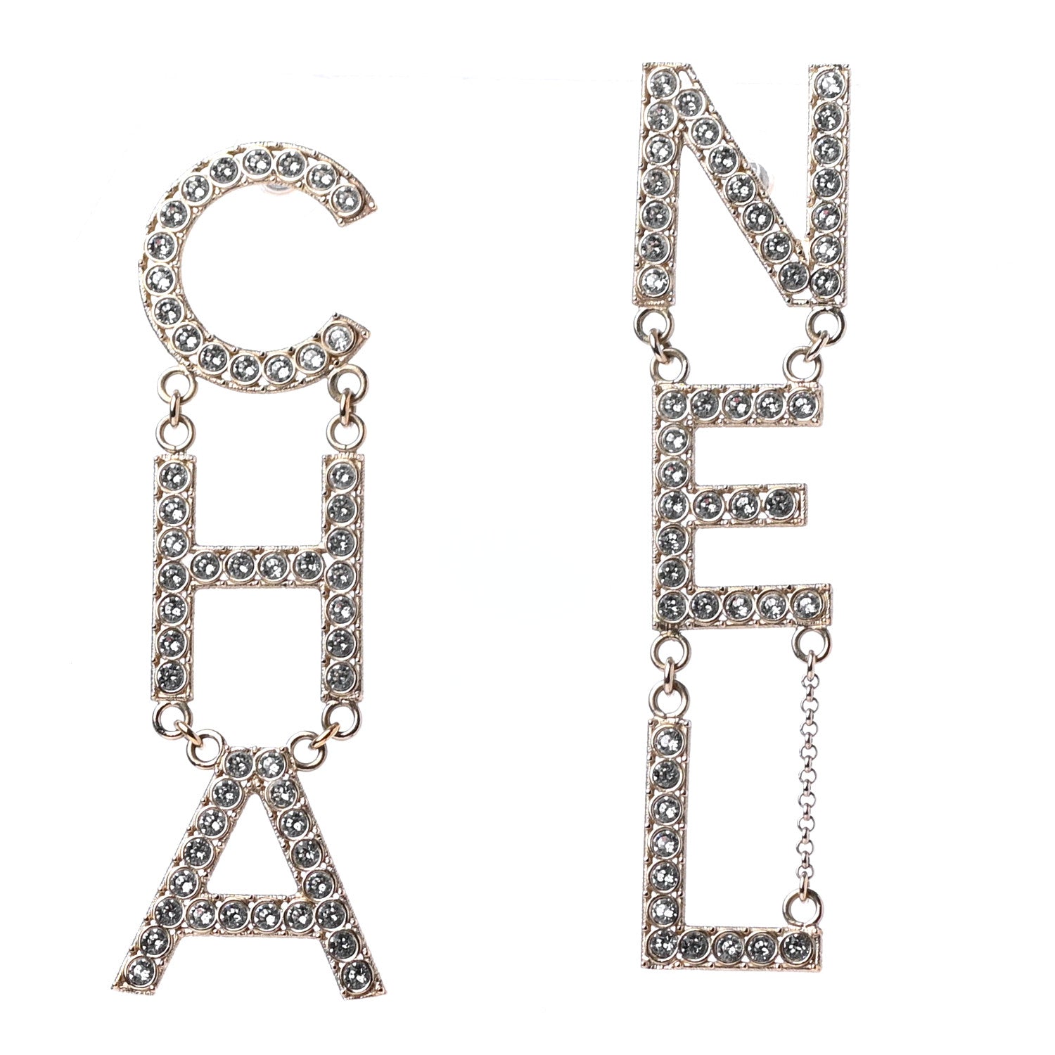 Chanel Crystal Cha-Nel Logo Drop Earrings Gold 1 of 5