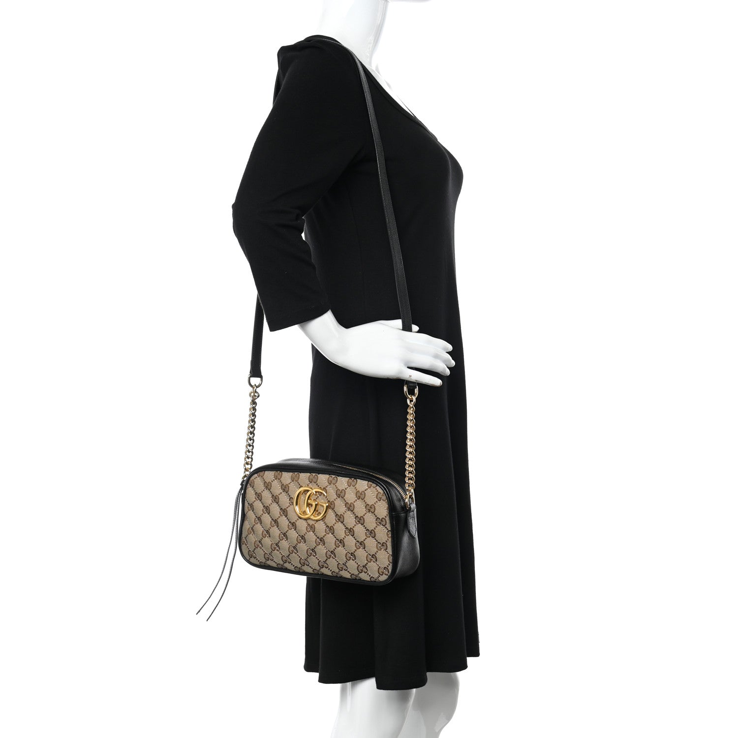 Gucci Monogram Matelasse Diagonal Small GG Marmont Chain Shoulder Bag Beige Black 3 of 10