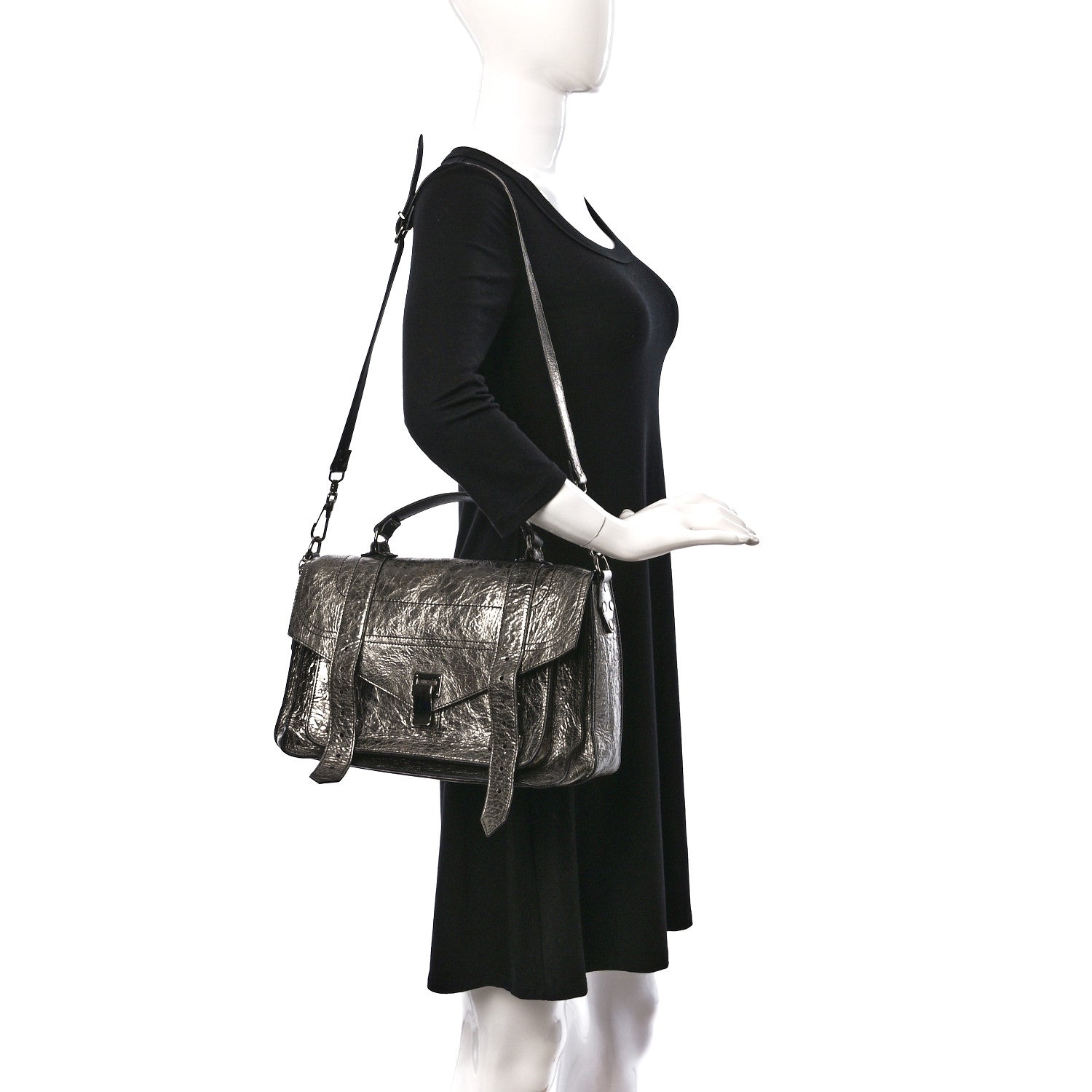 Proenza Schouler Metallic Paper Lambskin Medium PS1 Plus Zip Satchel Gun Metal 2 of 19