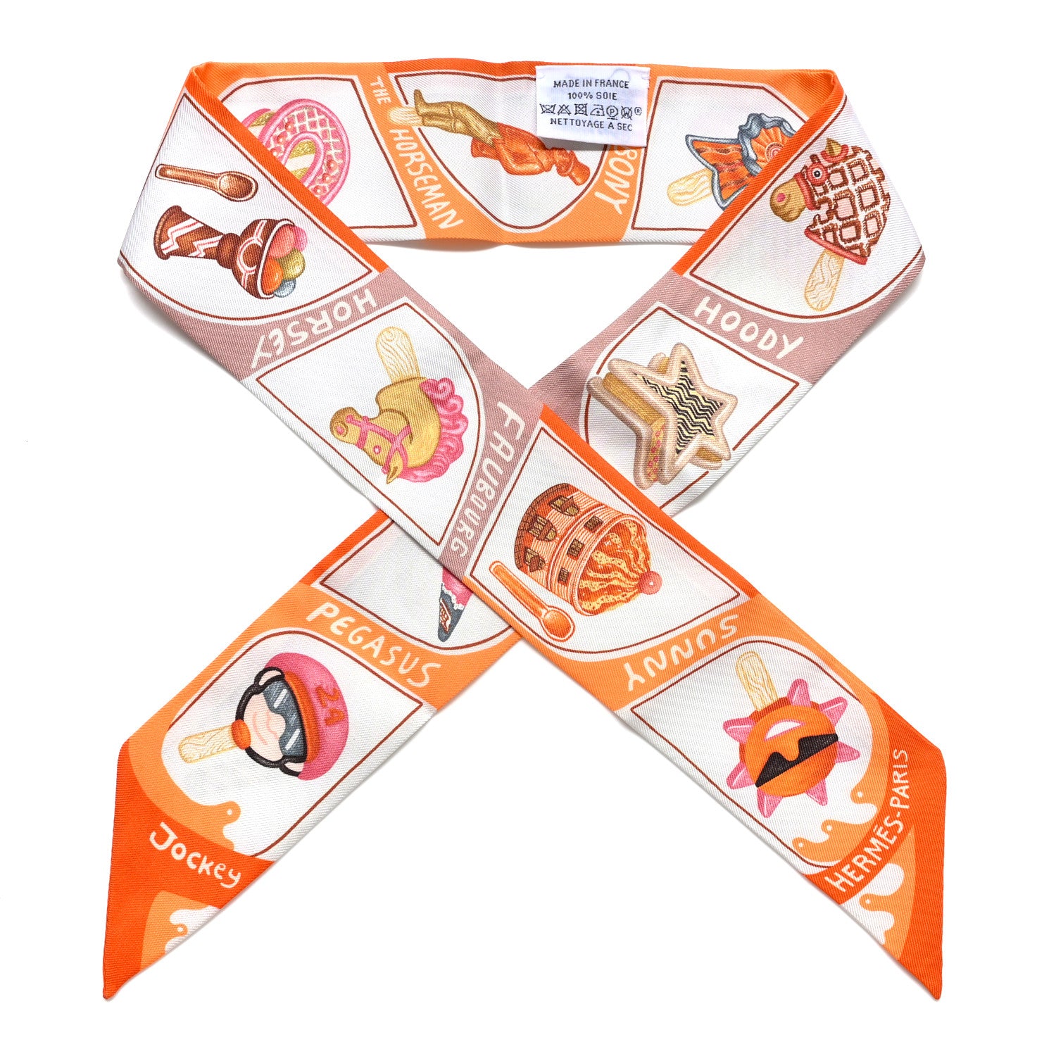 Hermes Silk Funny Ice Cream Twilly Orange Creme Beige 1 of 5