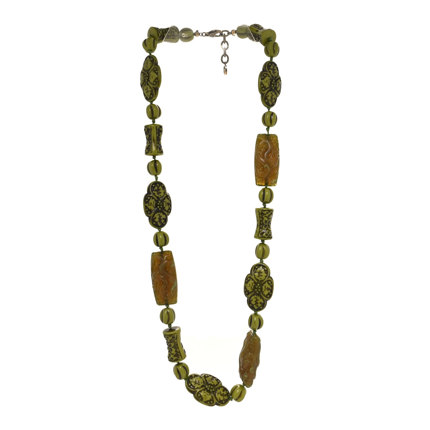 Gucci Resin Carved Flower Dragon Bead Necklace Green 3 of 5