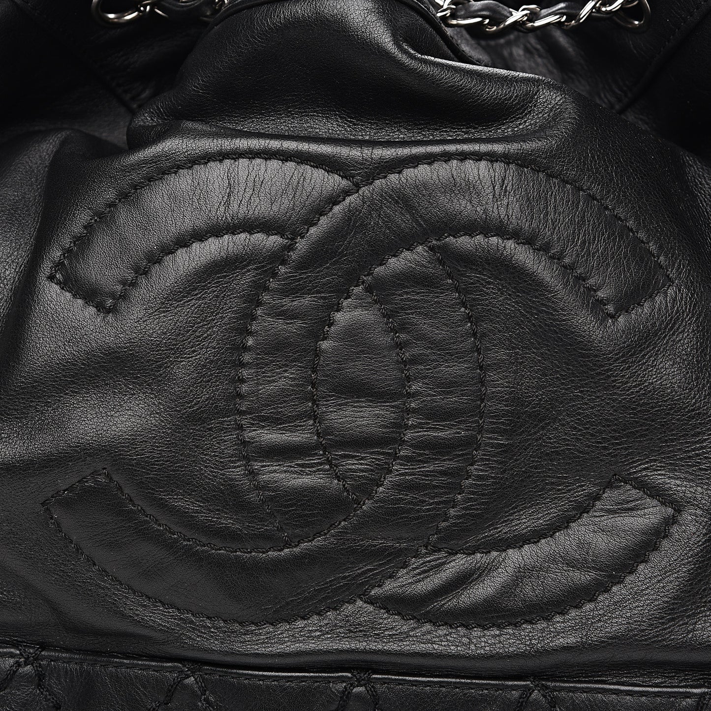 Calfskin Drawstring CC Bucket Bag Black