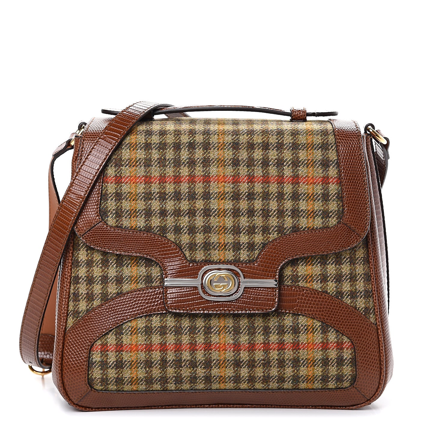 Tweed Calfskin Lizard Embossed Side Messenger Bag Brown