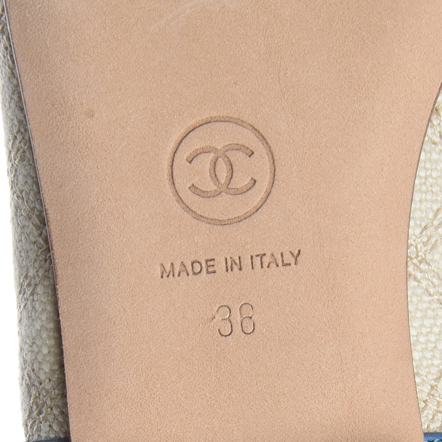 Toile Oily Calfskin CC Cap Toe Ballerina Flats 36 Light Beige Blue