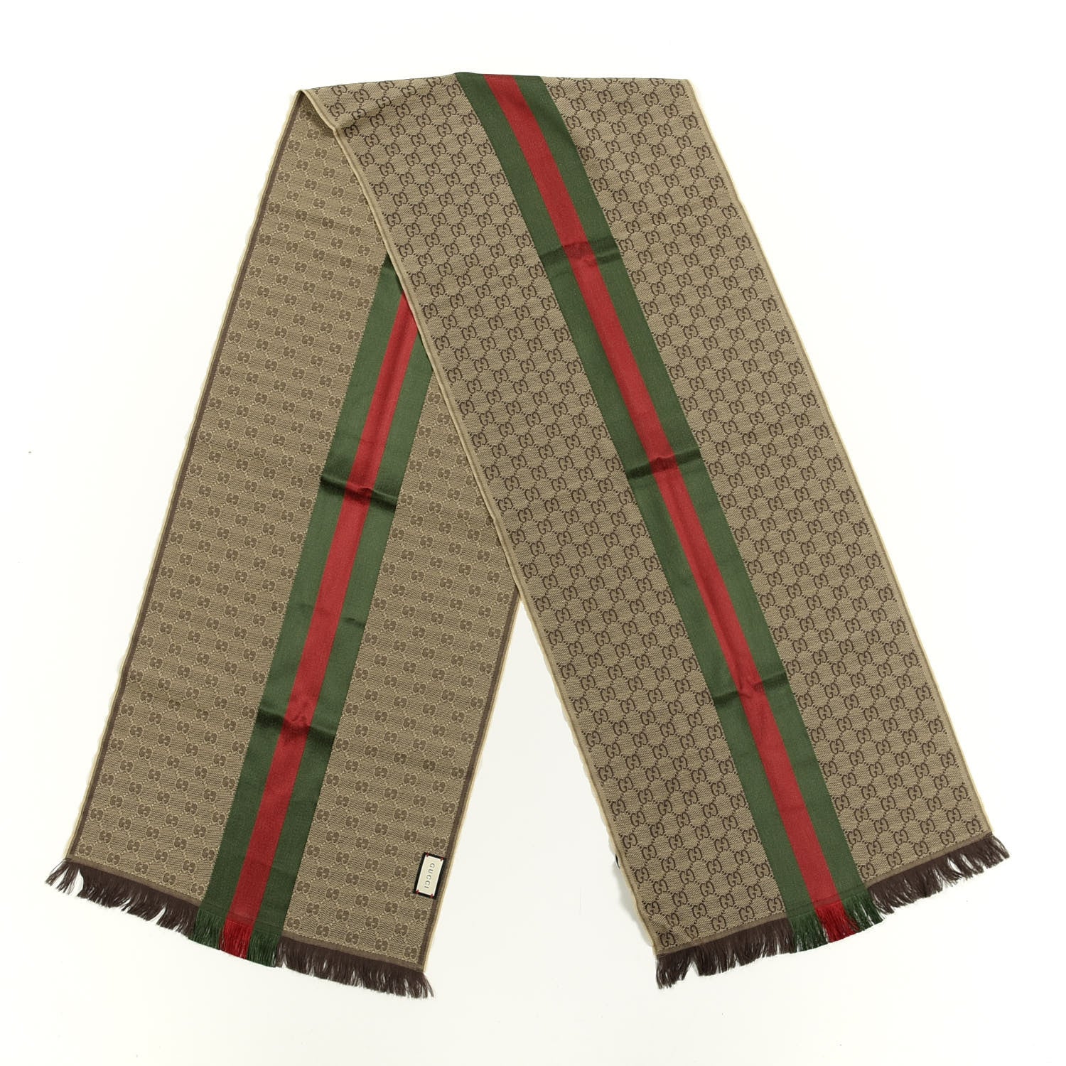 Gucci Wool Silk GG Monogram Web Verbier Fringe Scarf Light Brown Dark Green 2 of 5