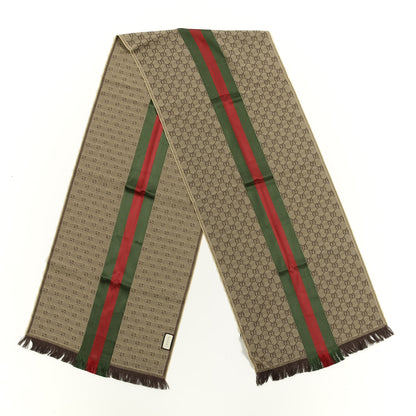 Gucci Wool Silk GG Monogram Web Verbier Fringe Scarf Light Brown Dark Green 2 of 5