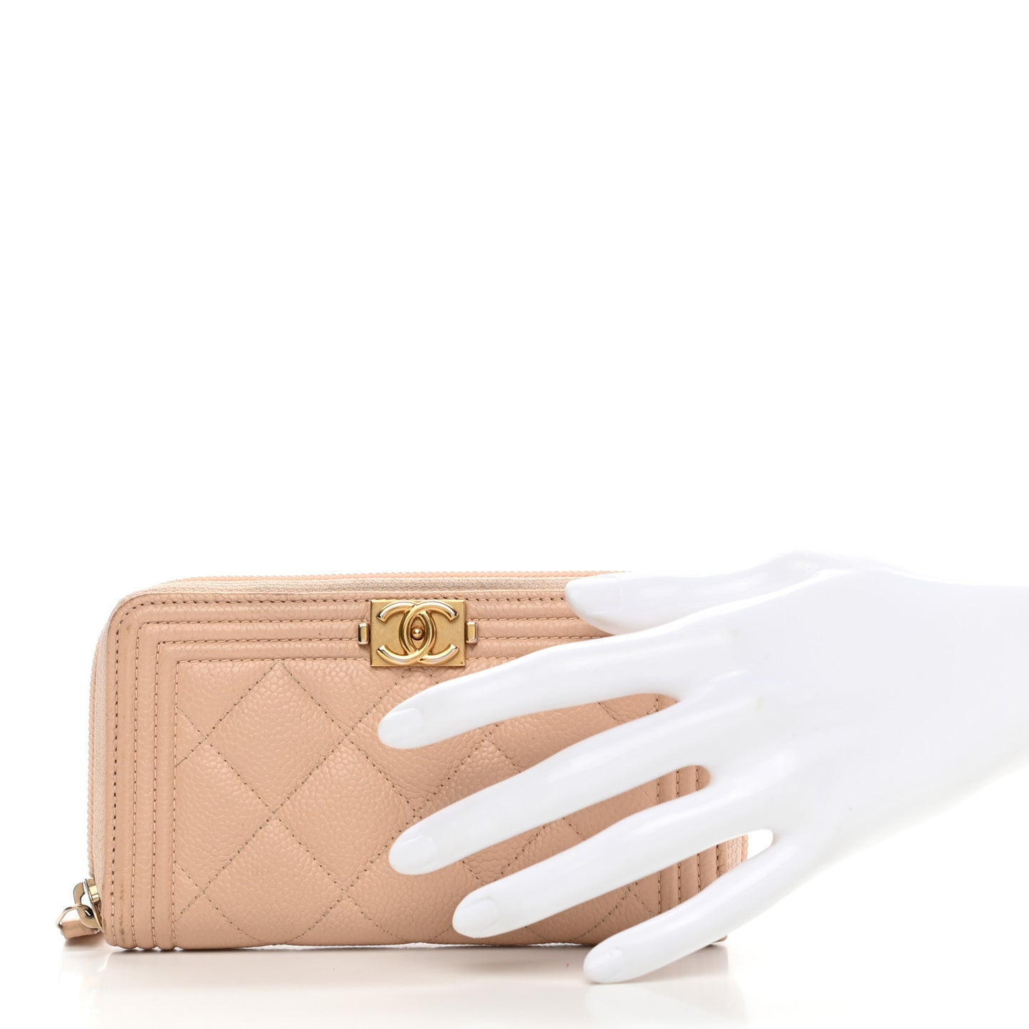 Caviar Quilted Small Boy Zip Around Wallet Beige