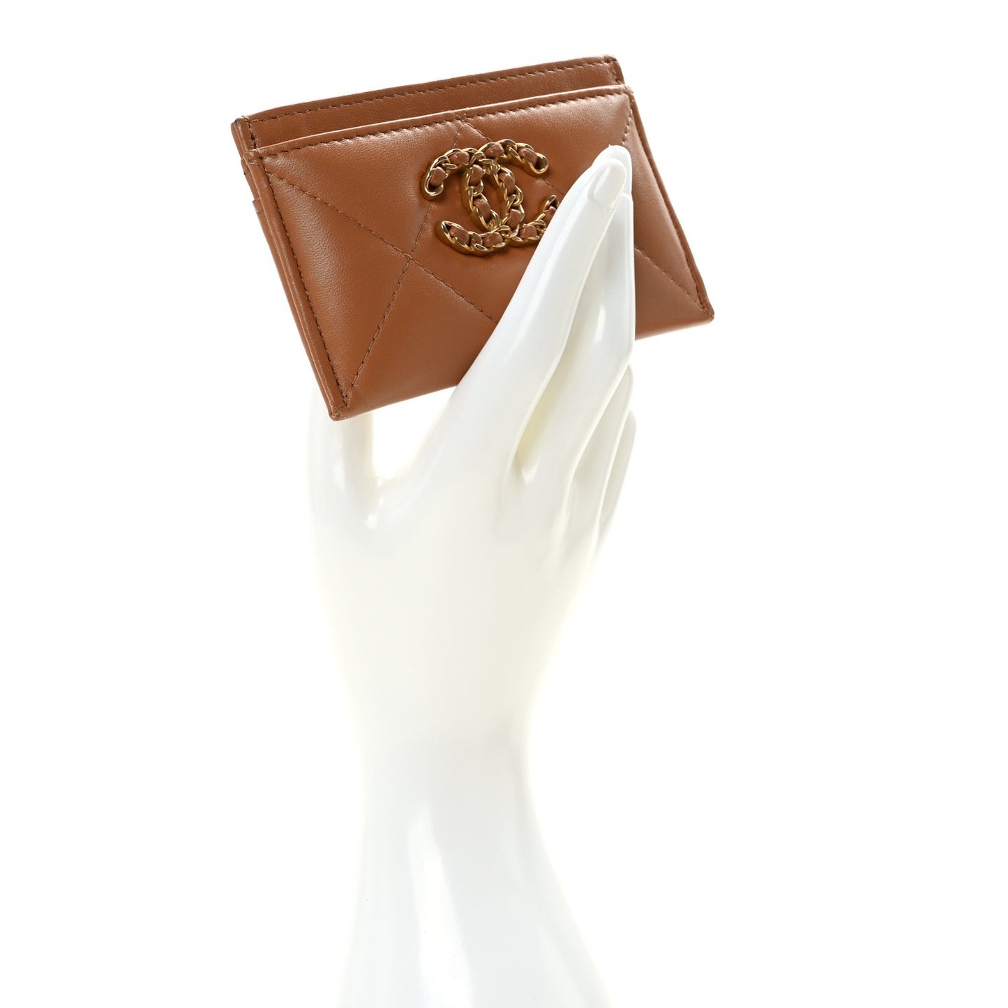 Lambskin Quilted Chanel 19 Card Holder Brown