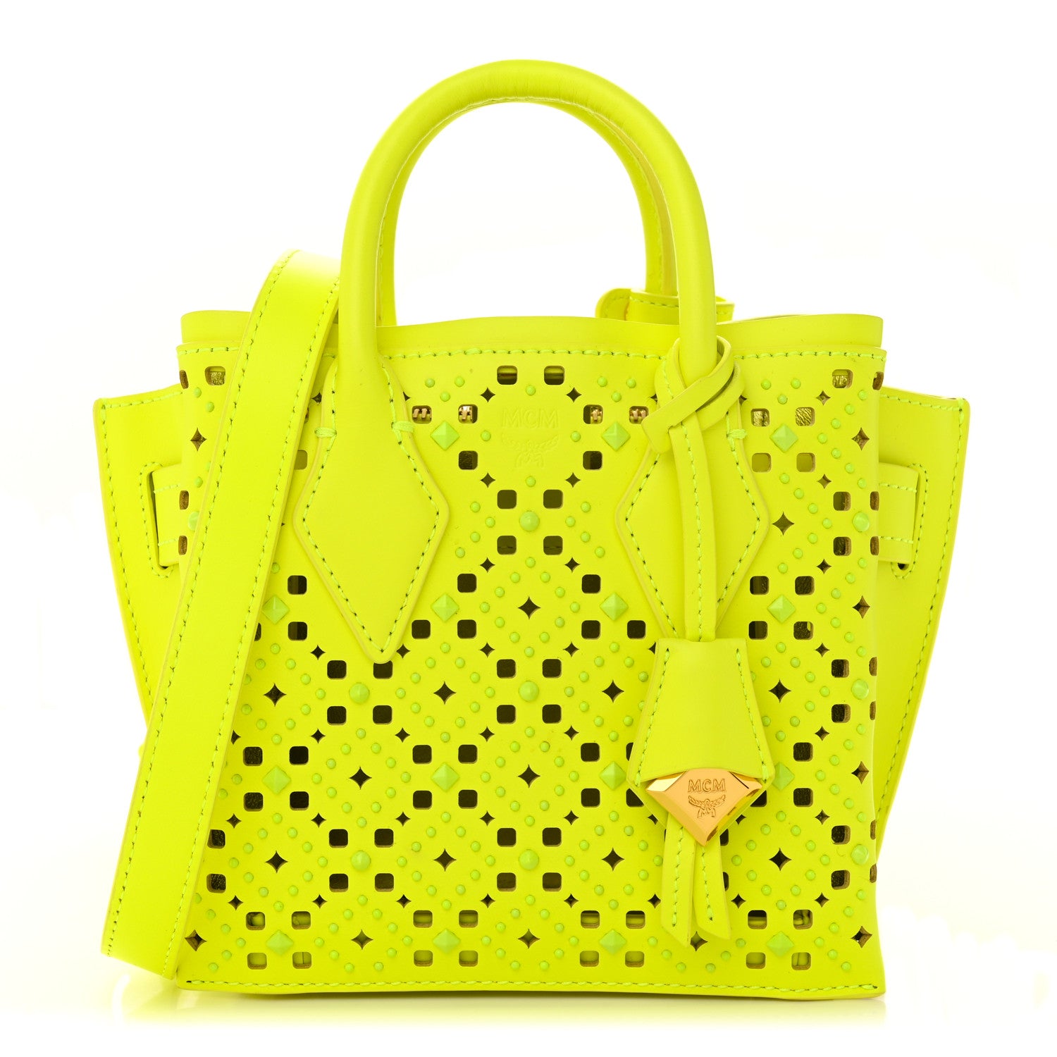 MCM Perforated Calfskin Studded Mini Milla Tote Neon Yellow 1 of 15