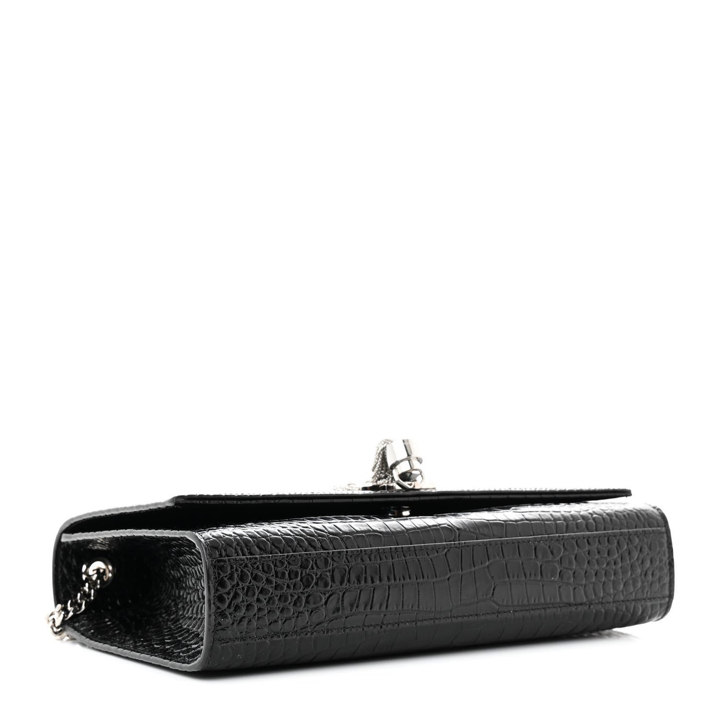 Calfskin Crocodile Embossed Medium Classic Monogram Kate Tassel Satchel Black