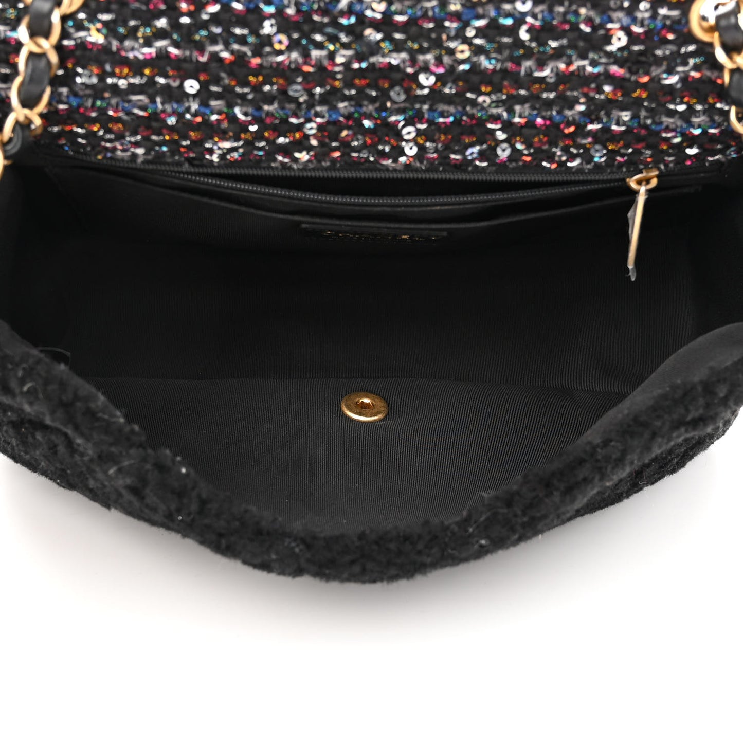 Shearling Sequin Tweed Quilted Jumbo Flap Black