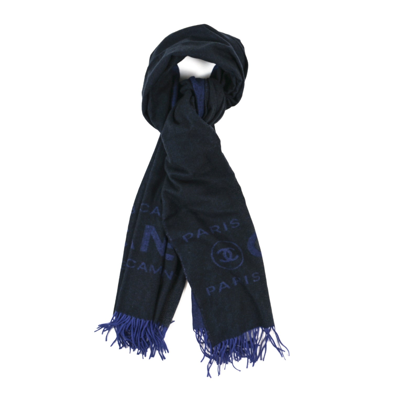 Chanel Cashmere CC Fringe Stole Blue Black 1 of 3