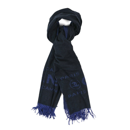 Chanel Cashmere CC Fringe Stole Blue Black 1 of 3