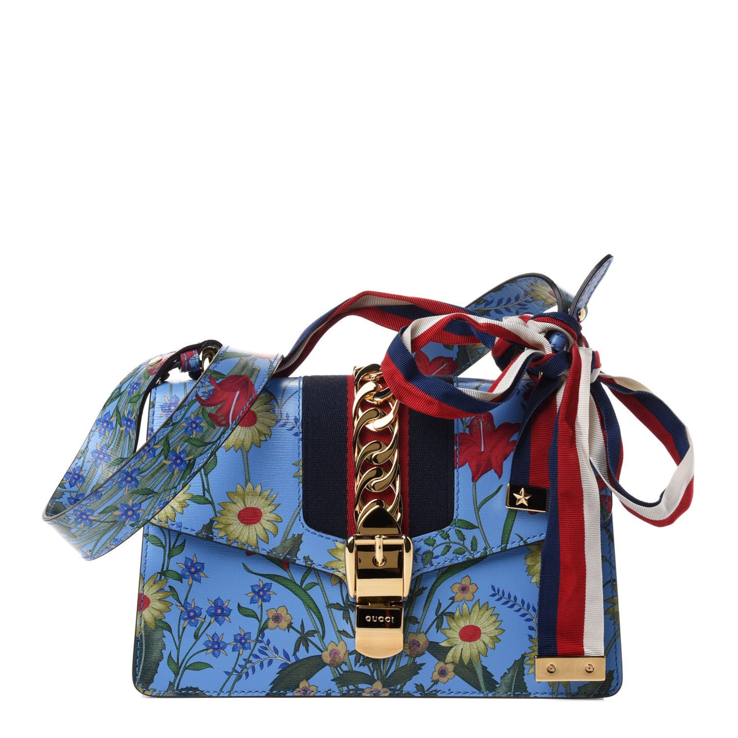Shangai Calfskin Web New Flora Small Sylvie Shoulder Bag Azure