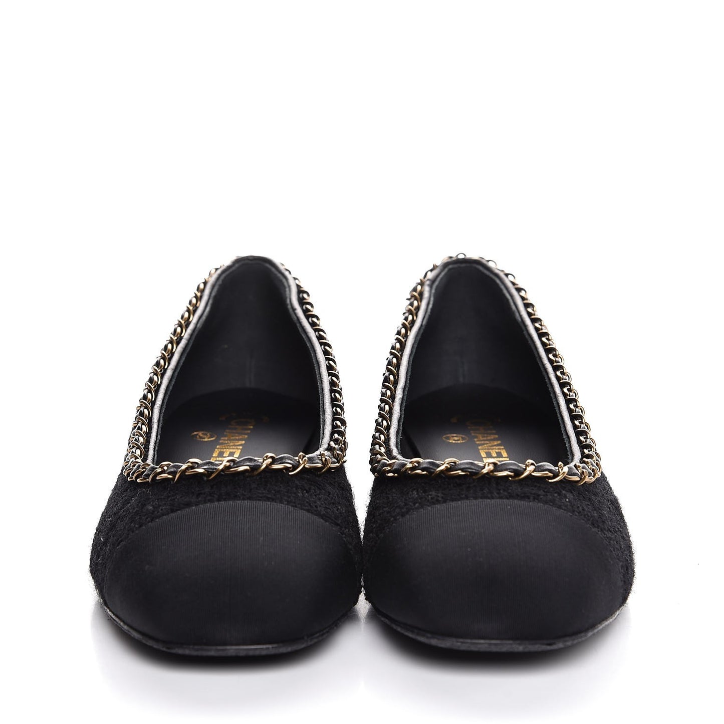 Tweed Grosgrain Chained Cap Toe Ballerina Flats 40 Black