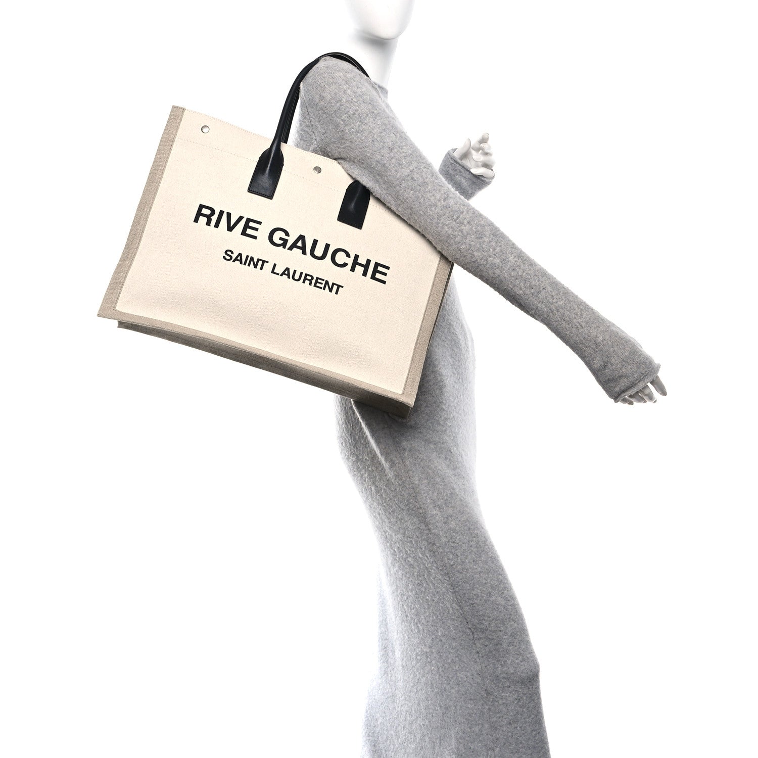 Saint Laurent Linen Calfskin Small Rive Gauche Tote Greggio Natural 2 of 10