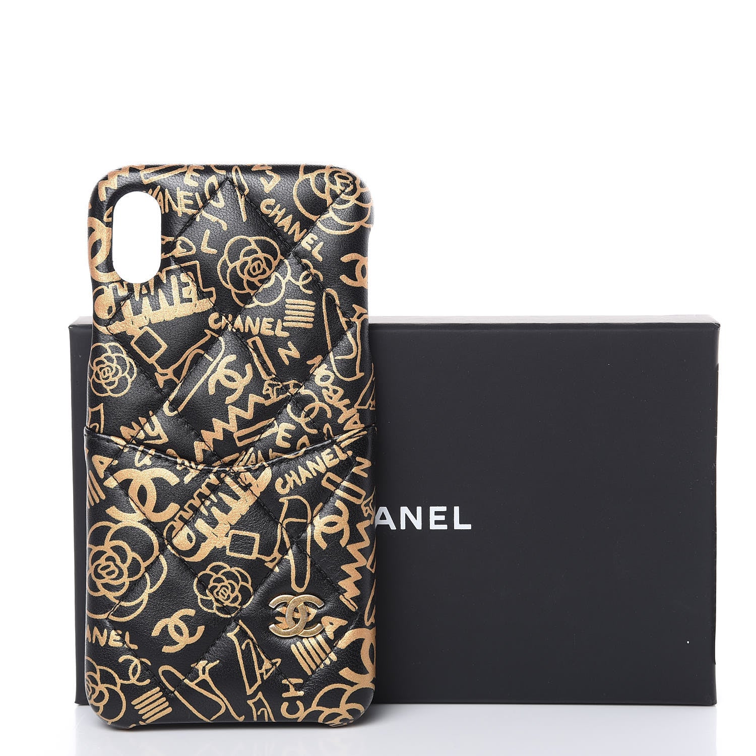 Chanel Lambskin Quilted iPhone X Max Coco Tech Egyptian Graffiti Case Black Gold 7 of 7