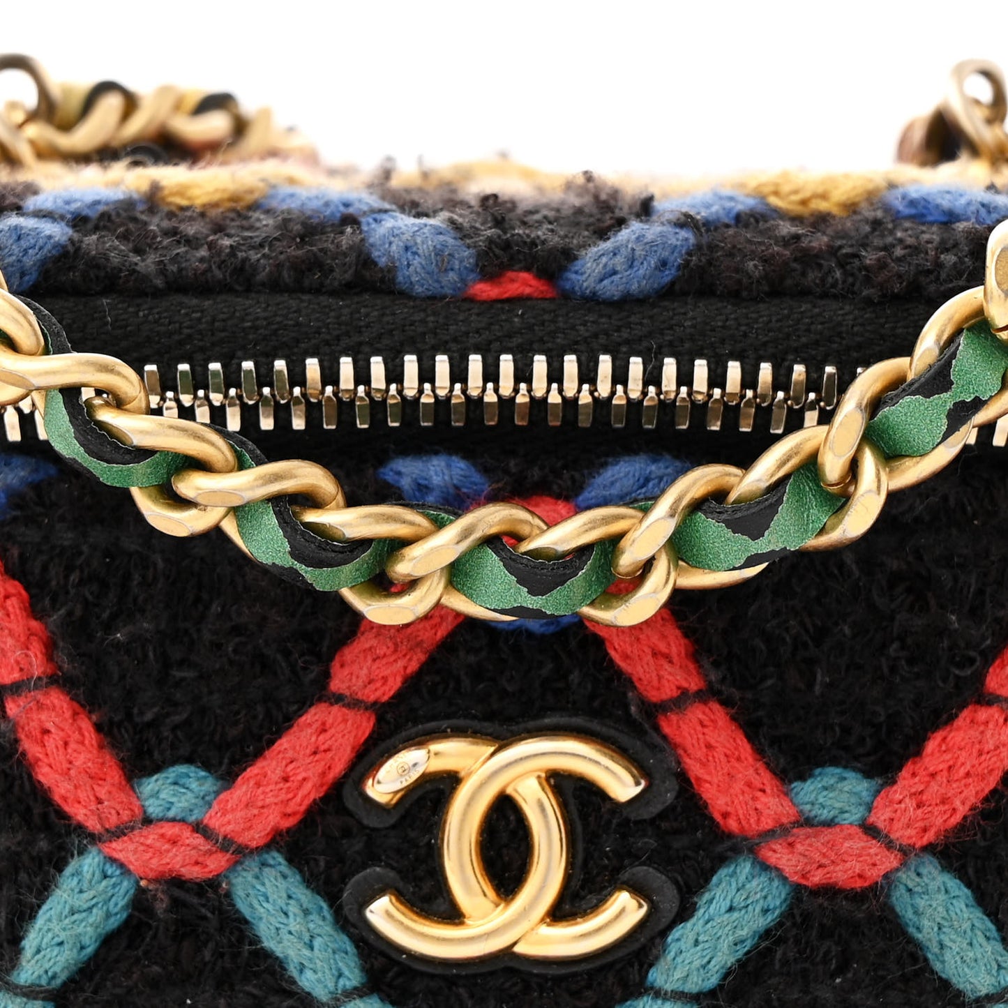 Tweed Diamond Threaded CC Pearl Crush Mini Vanity Case With Chain Black Multicolor