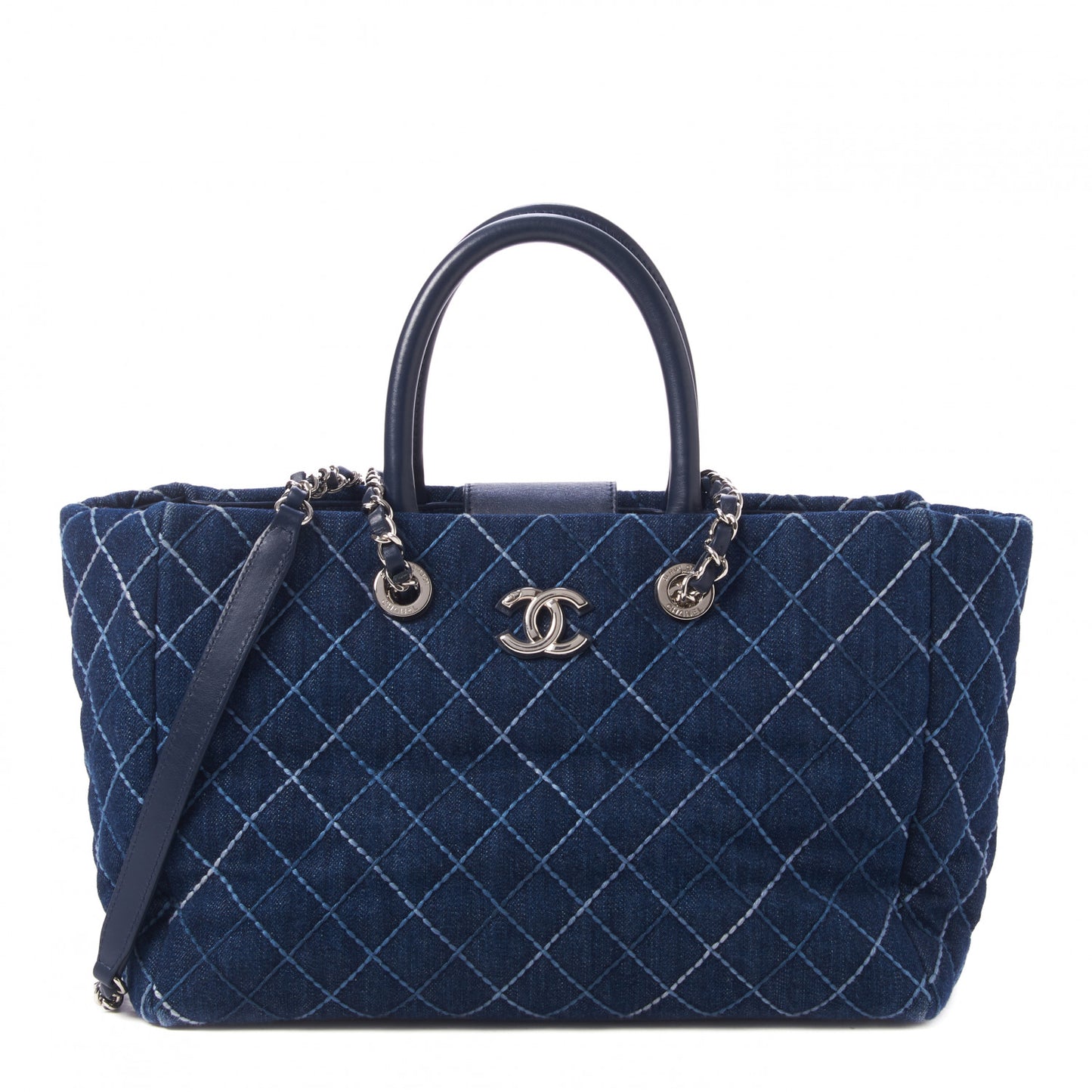 Denim Quilted Medium Coco Handle Shopping Tote Blue