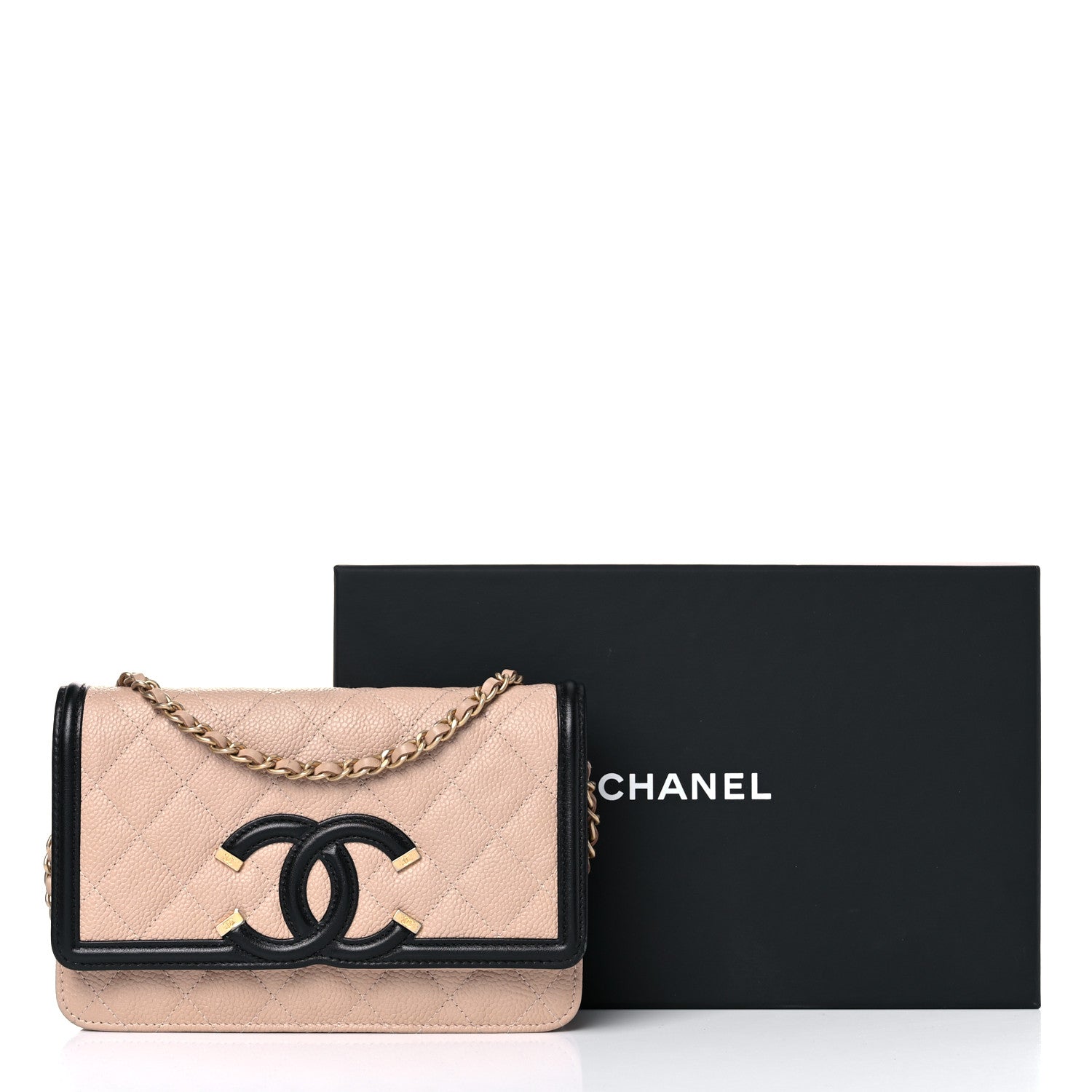 Chanel Caviar Quilted CC Filigree Wallet On Chain WOC Beige Black 13 of 13