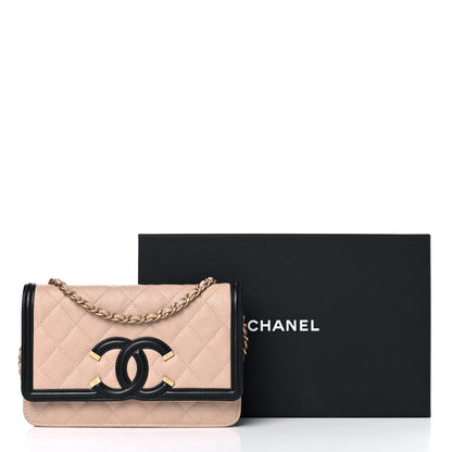 Chanel Caviar Quilted CC Filigree Wallet On Chain WOC Beige Black 13 of 13
