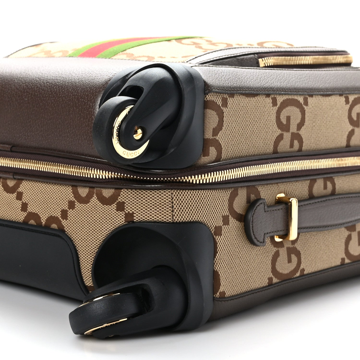 Gucci Monogram Jumbo GG Textured Dollar Calfskin Web Small Savoy Cabin Trolley Camel Ebony New Acero 8 of 8