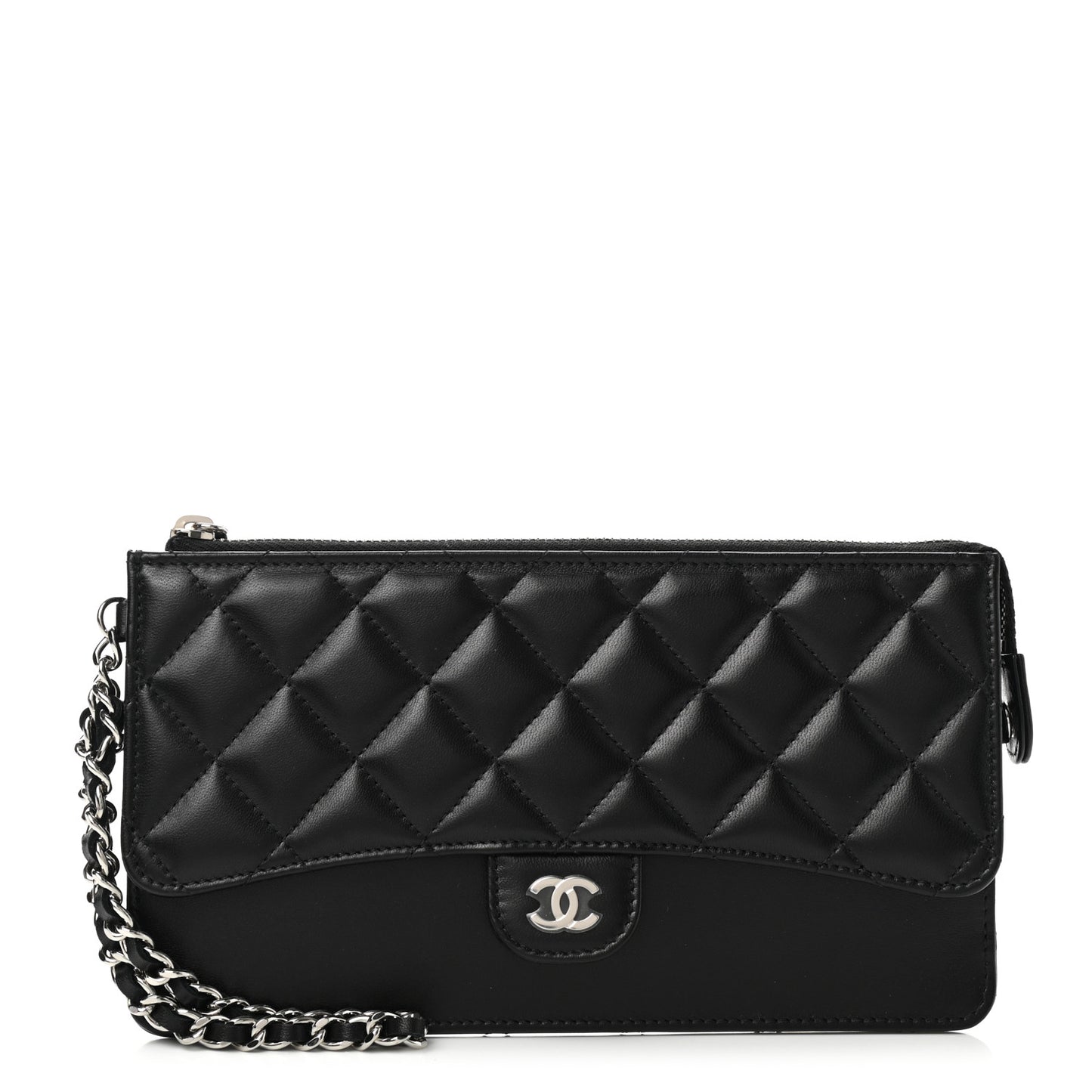 Lambskin Quilted Classic Pouch With Handle Black