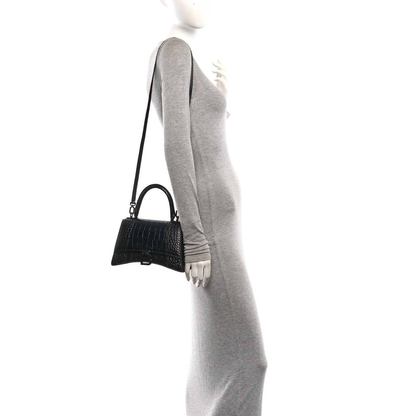 Shiny Calfskin Monochrome Crocodile Embossed Small Hourglass Top Handle Bag Black