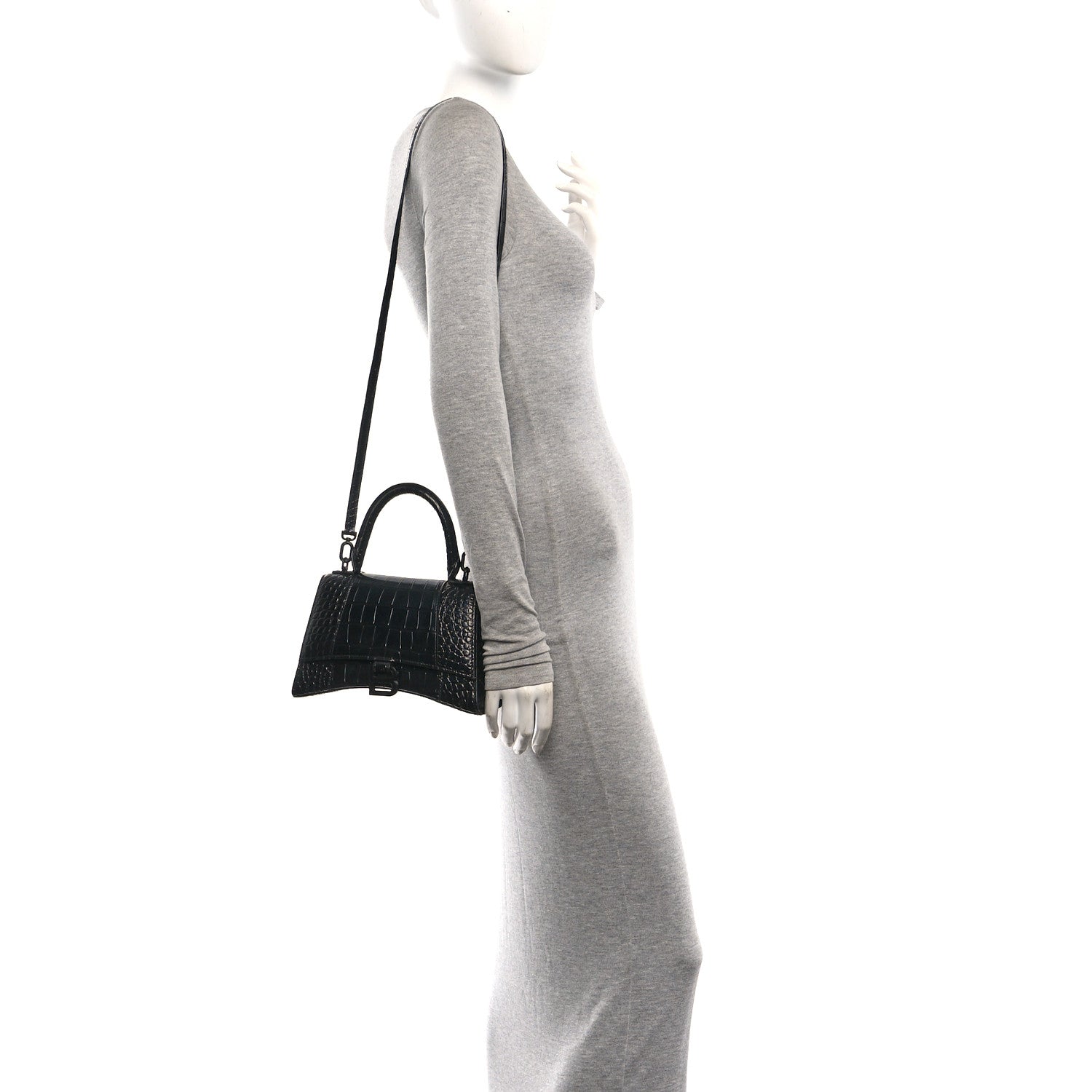 Balenciaga Shiny Calfskin Monochrome Crocodile Embossed Small Hourglass Top Handle Bag Black 2 of 10