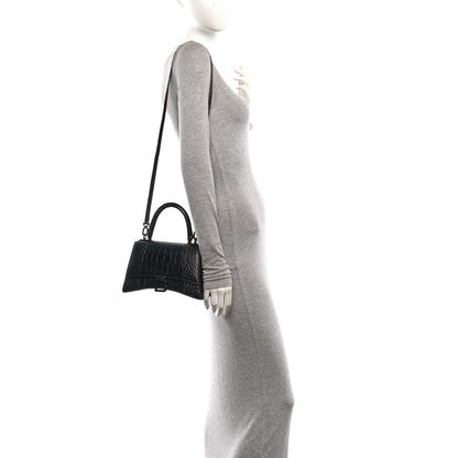 Balenciaga Shiny Calfskin Monochrome Crocodile Embossed Small Hourglass Top Handle Bag Black 2 of 10