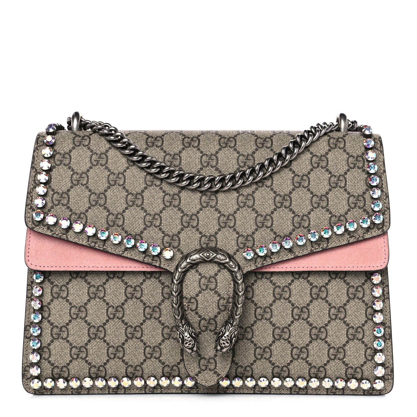 GG Supreme Monogram Suede Crystal Medium Dionysus Shoulder Bag Beige Ebony Light Peonia