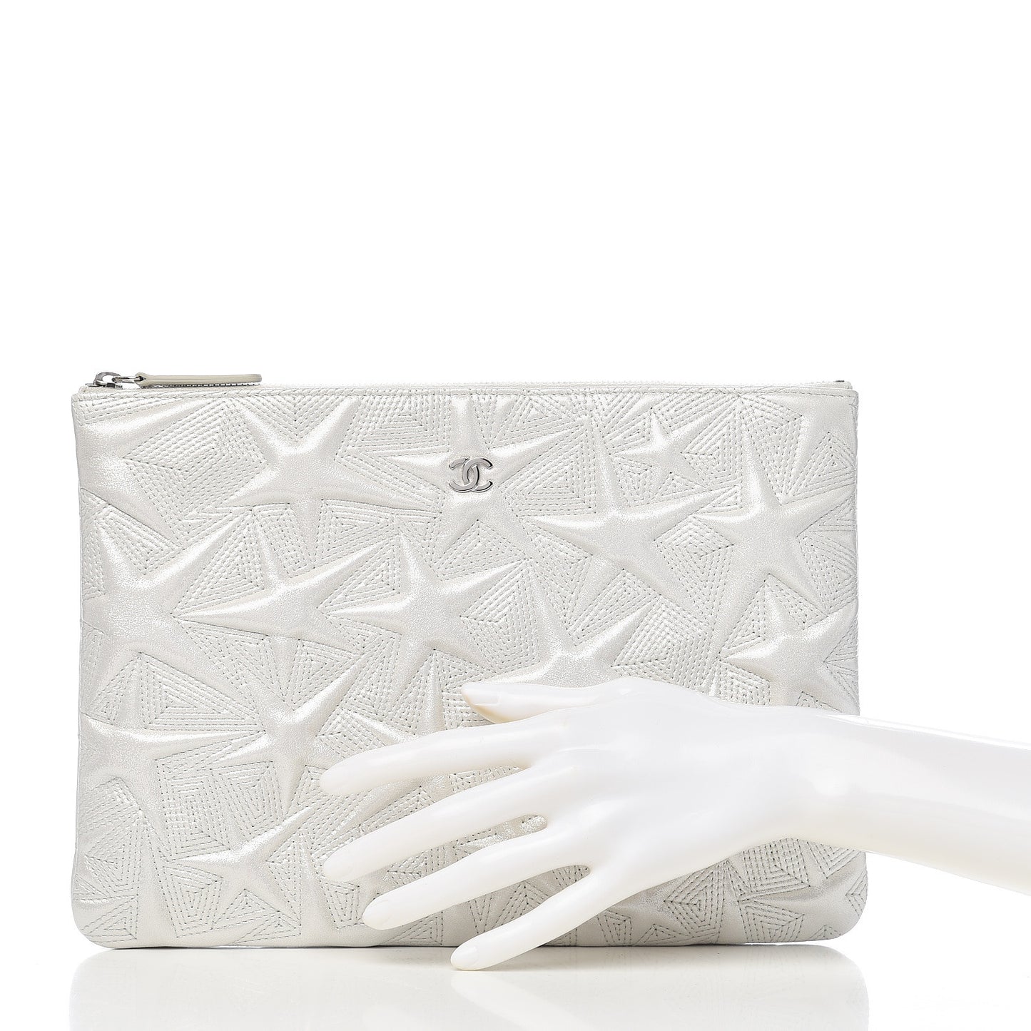 Metallic Lambskin Star Embossed Medium Cosmetic Pouch Light Silver