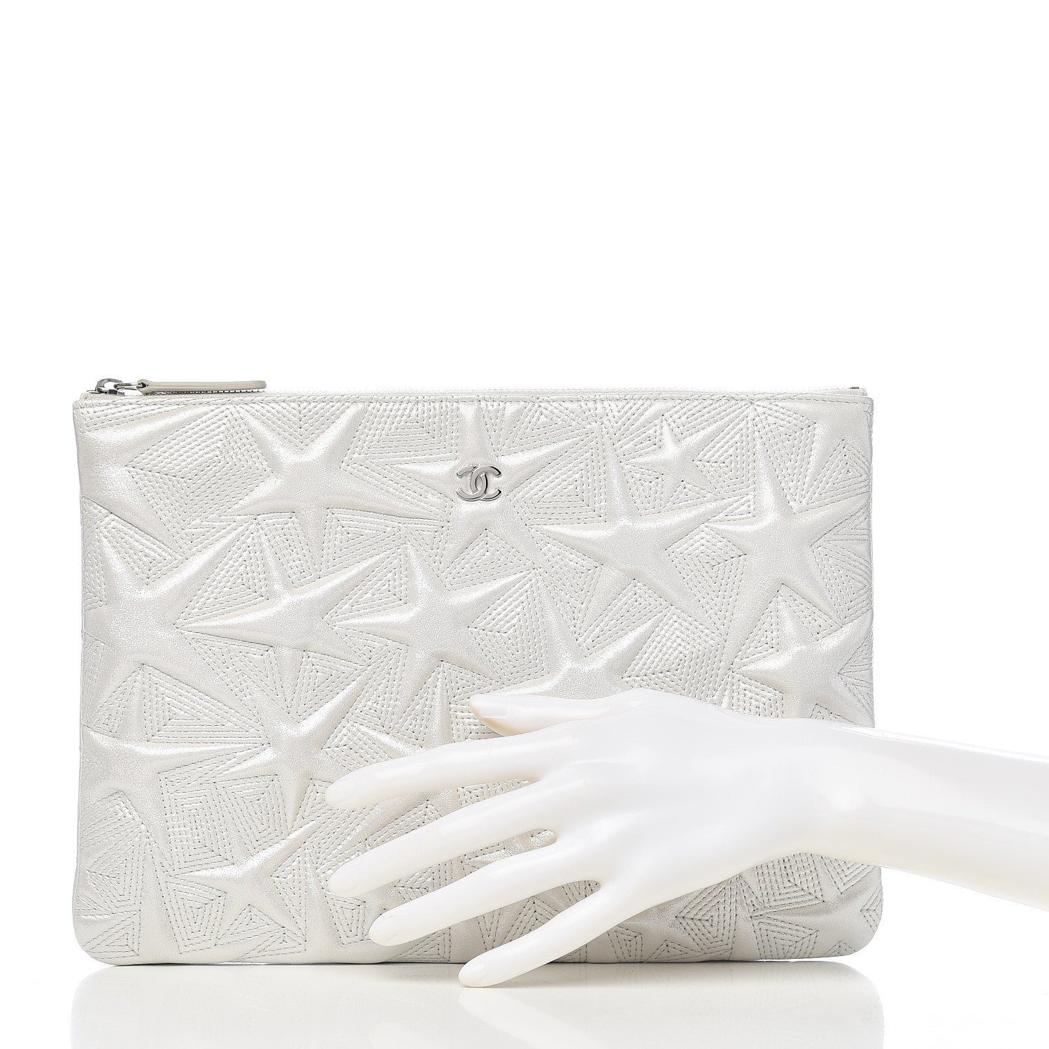 Chanel Metallic Lambskin Star Embossed Medium Cosmetic Pouch Light Silver 2 of 10