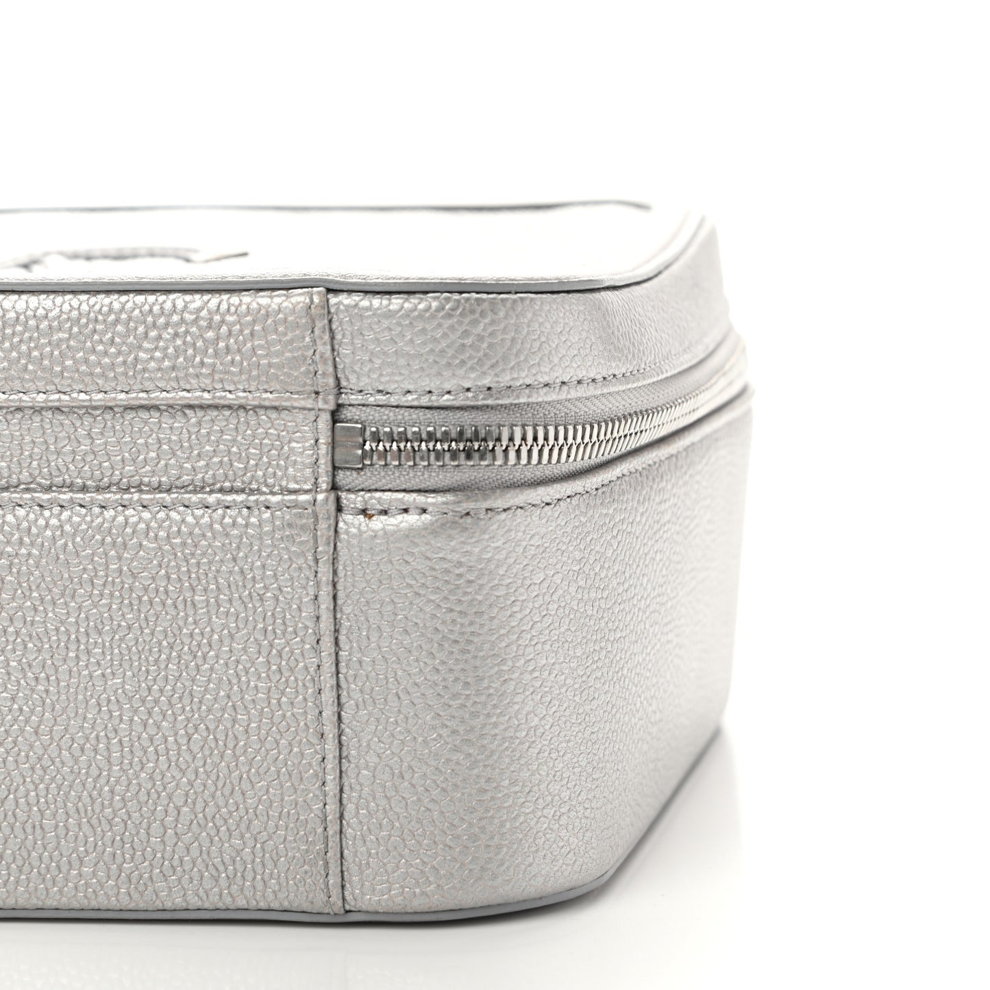 Metallic Caviar Quilted Large CC Filigree Vanity Case Silver