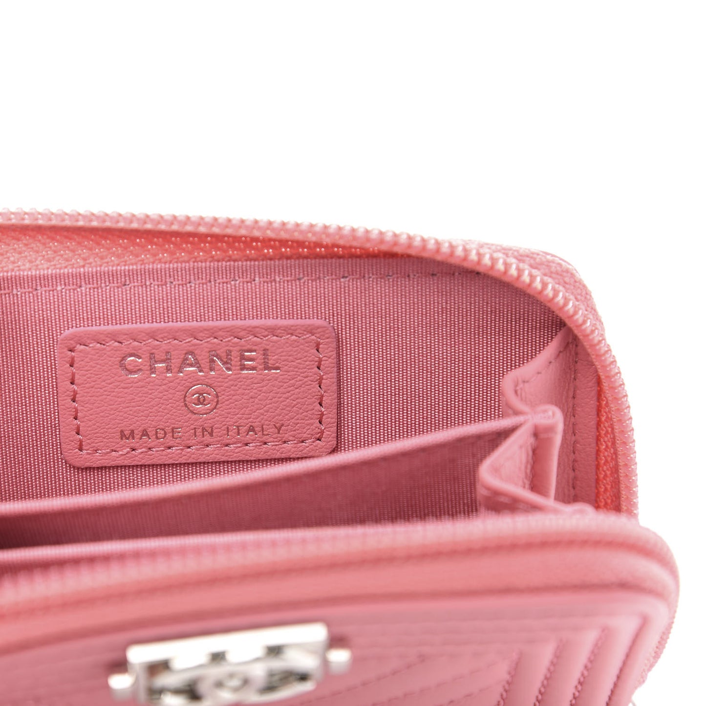 Calfskin Chevron Quilted Zip Around Boy Coin Purse Wallet Pink
