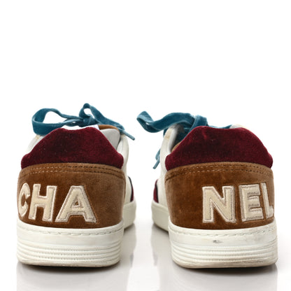 Chanel Calfskin Velvet Womens Logo Sneakers 38.5 White Beige Burgundy 5 of 12