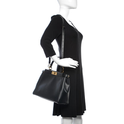 Fendi Vitello Morgan Fabric Jacquard Pequin Medium Peekaboo Iconic Satchel Black Tobacco 2 of 27