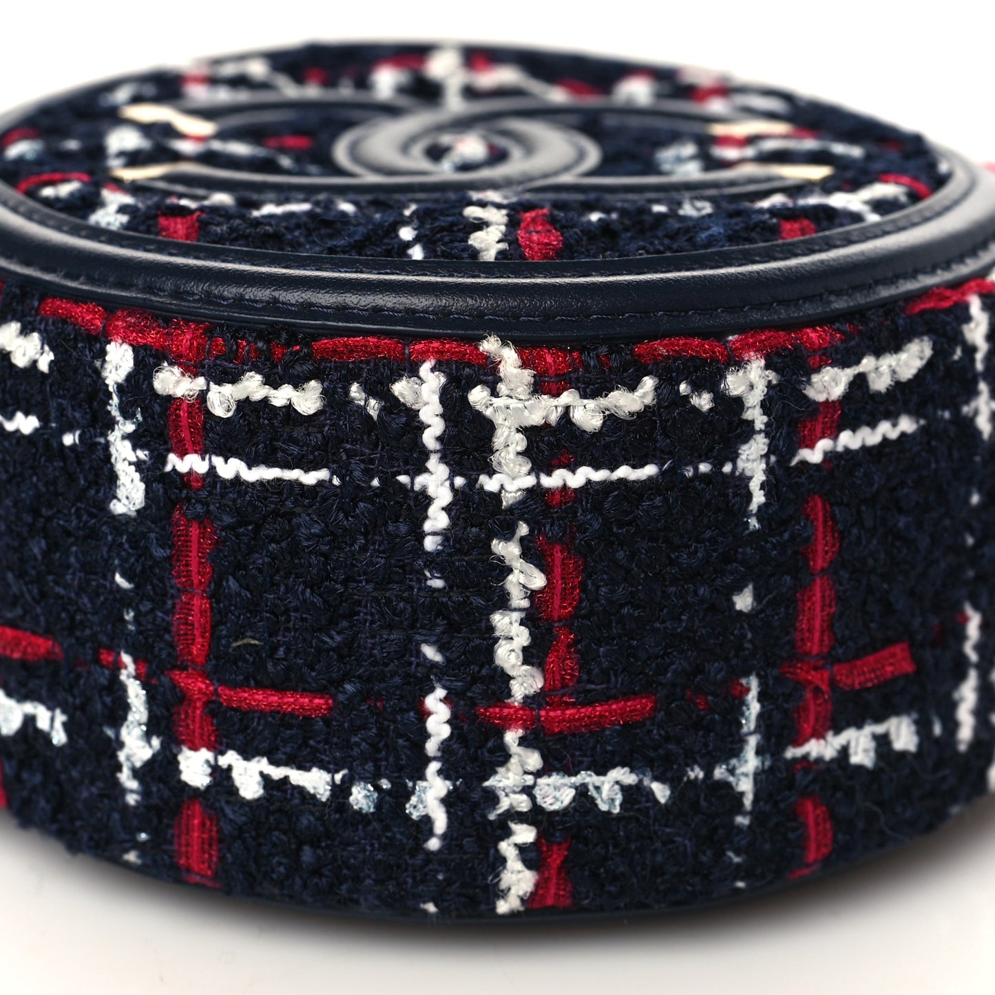 Tweed Quilted Round Filigree Clutch With Chain Navy Blue