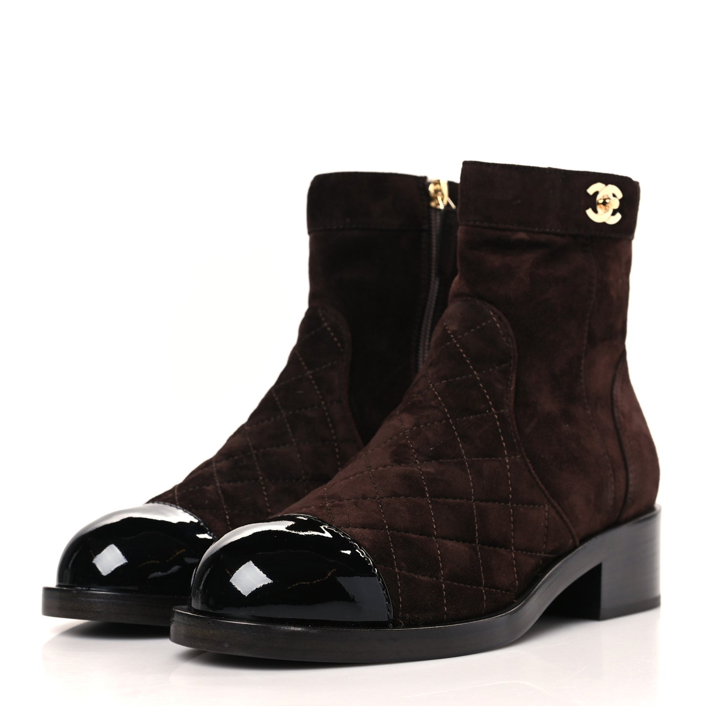 Suede Patent Calfskin Quilted Cap Toe Short Boots 38 Brown Black