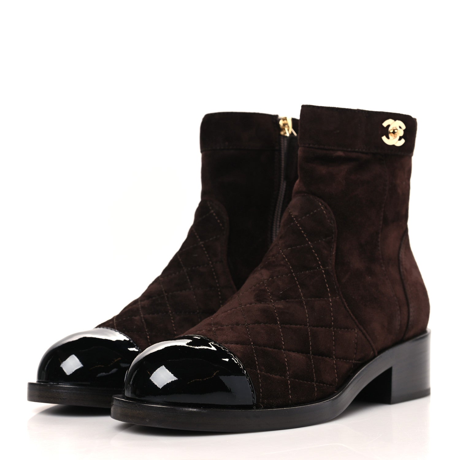 Chanel Suede Patent Calfskin Quilted Cap Toe Short Boots 38 Brown Black 3 of 9