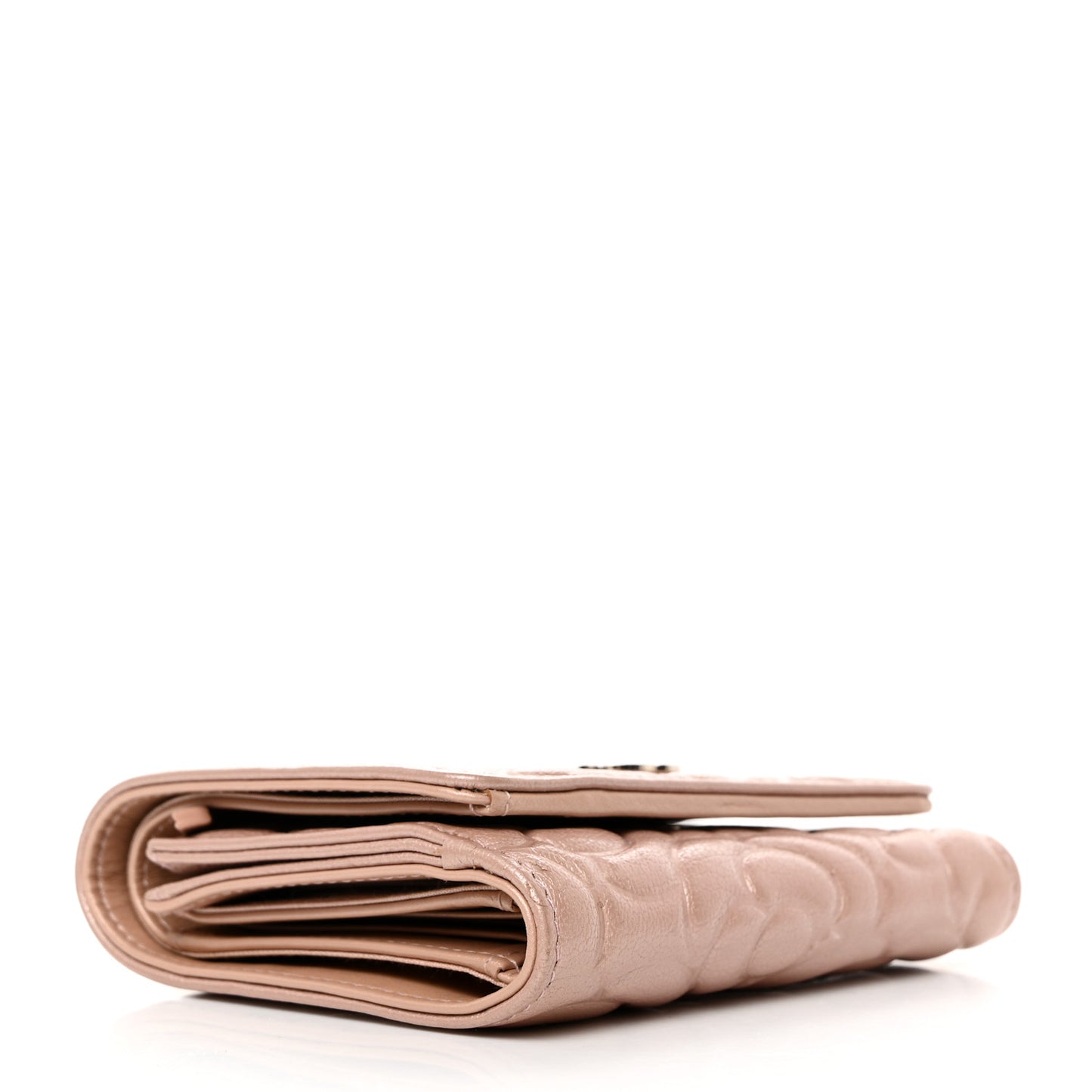 Goatskin Camellia Embossed Compact Wallet Pink