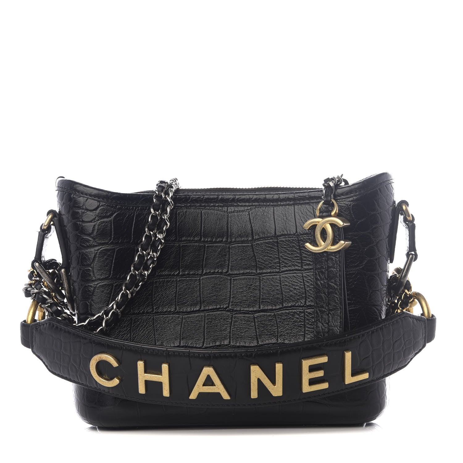 Chanel Calfskin Crocodile Embossed Small Gabrielle Cocodile Hobo Black 2 of 11