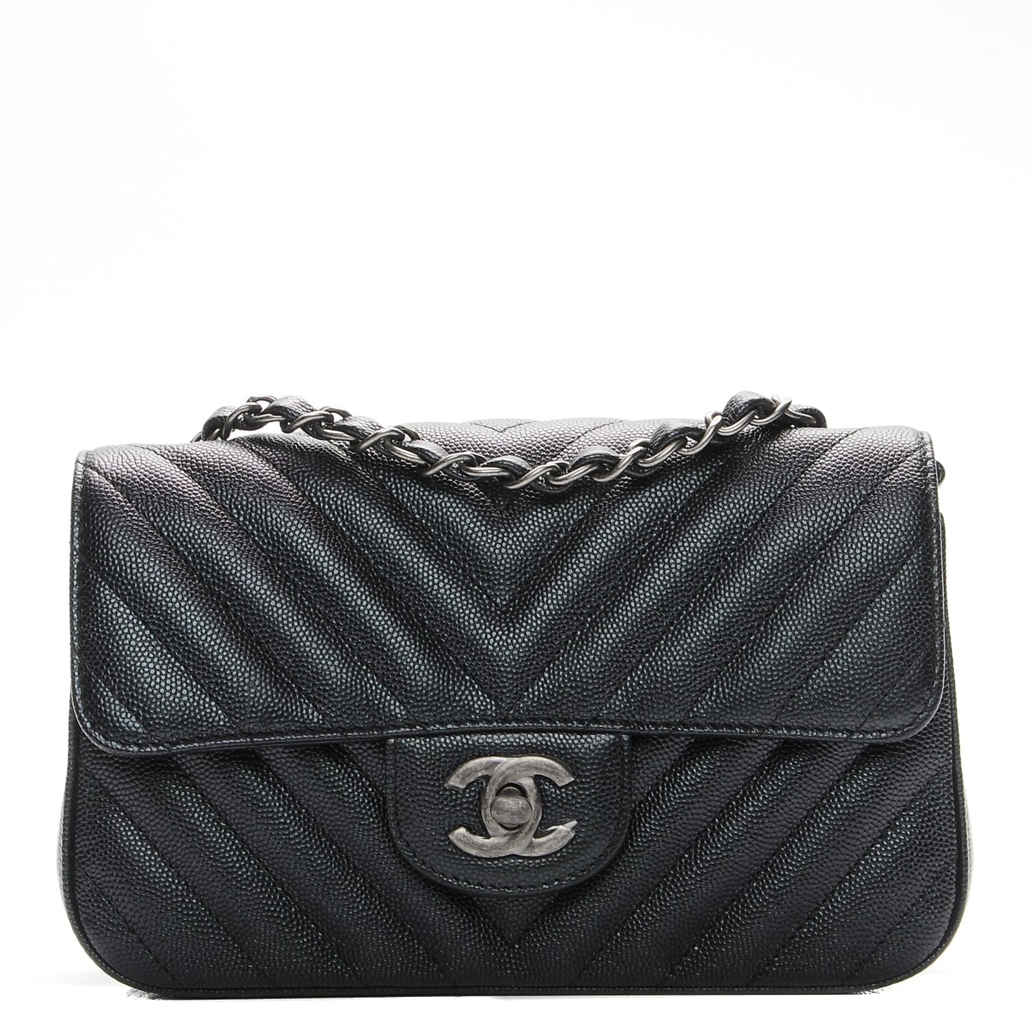 Metallic Caviar Chevron Quilted Mini Rectangular Flap Black