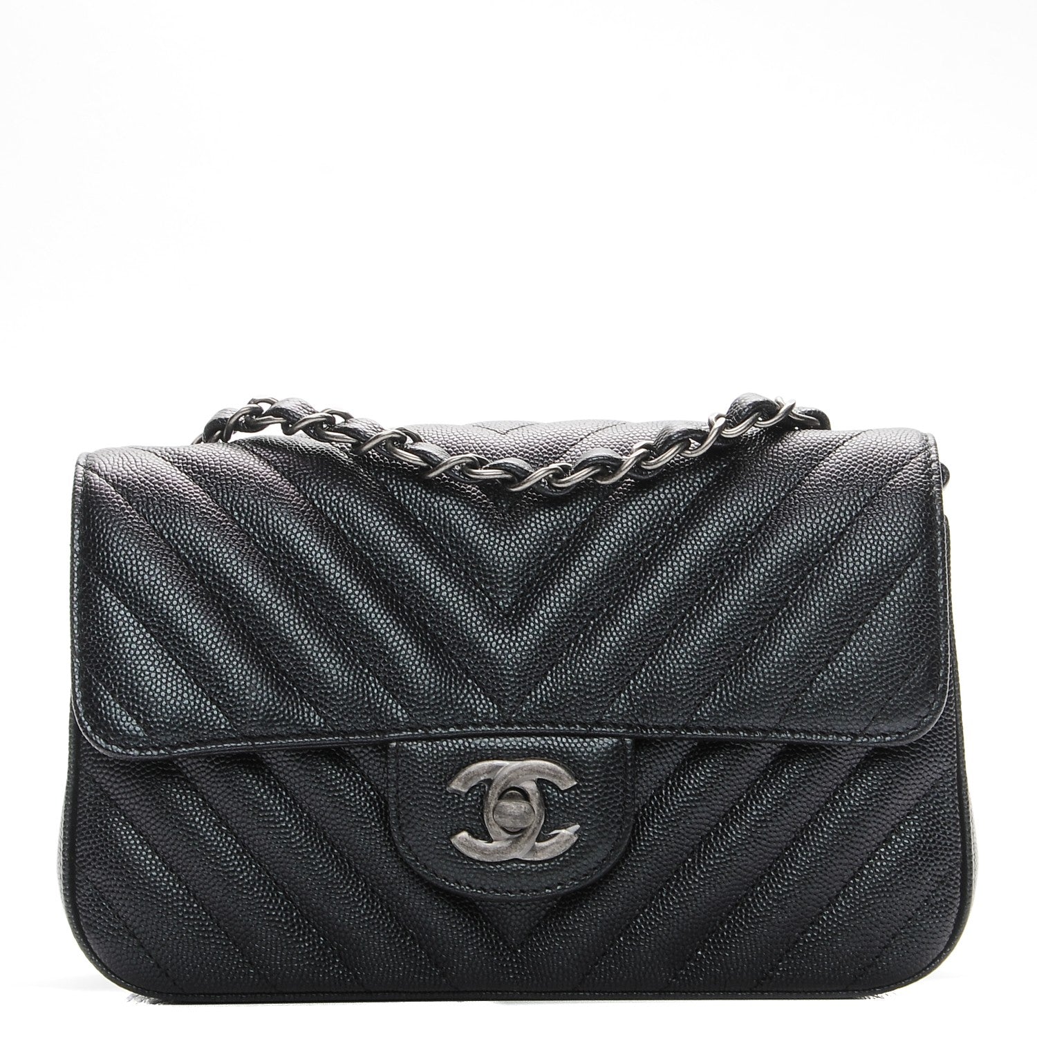 Chanel Metallic Caviar Chevron Quilted Mini Rectangular Flap Black 1 of 8