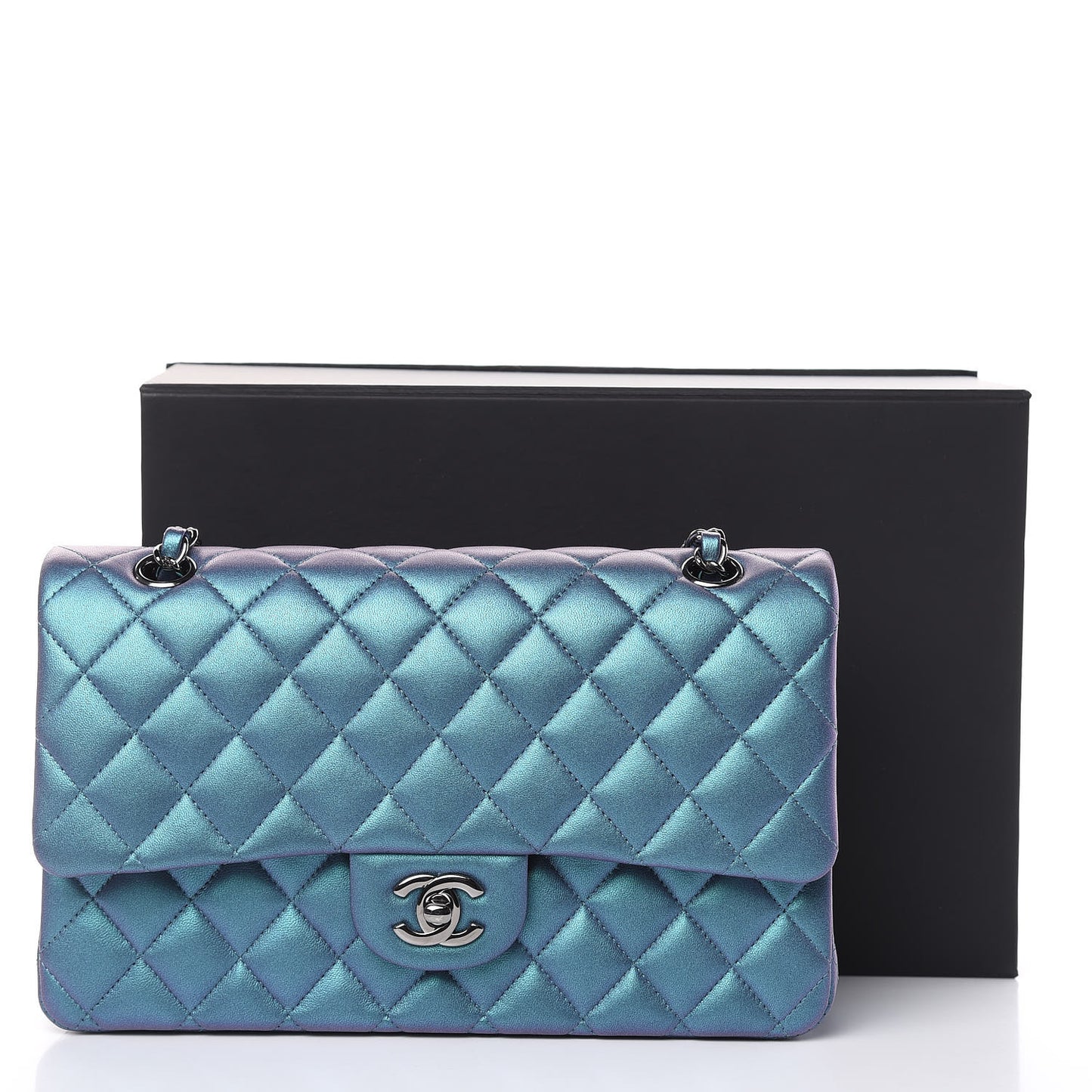Metallic Lambskin Quilted Medium Double Flap Turquoise