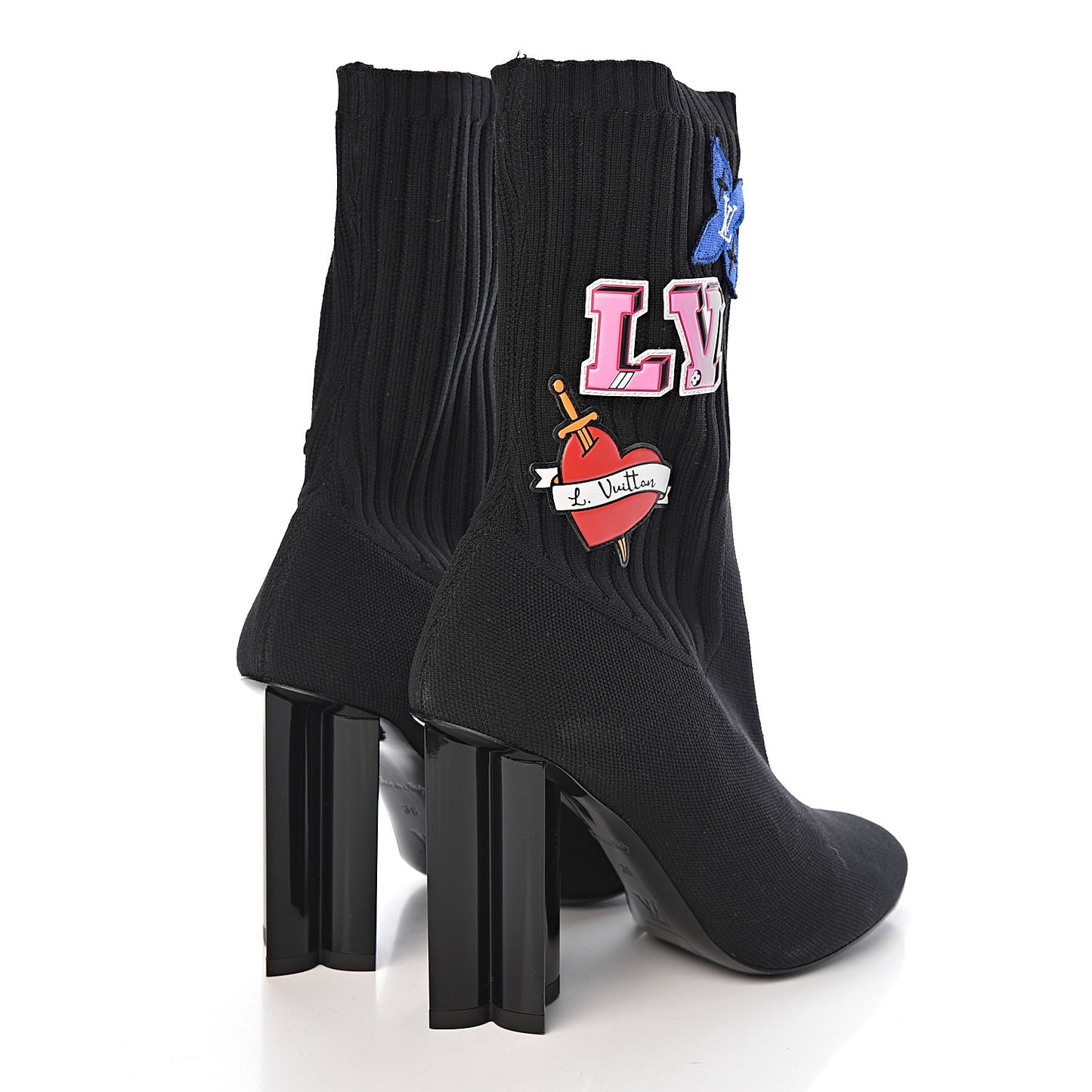 Stretch Fabric LV Black Heart Sock Ankle Boots 38 Black