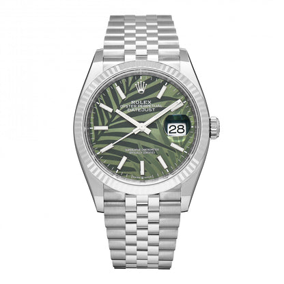 Rolex Stainless Steel 18K White Gold 36mm Oyster Perpetual Datejust Watch Olive Green Palm 126234 1 of 5