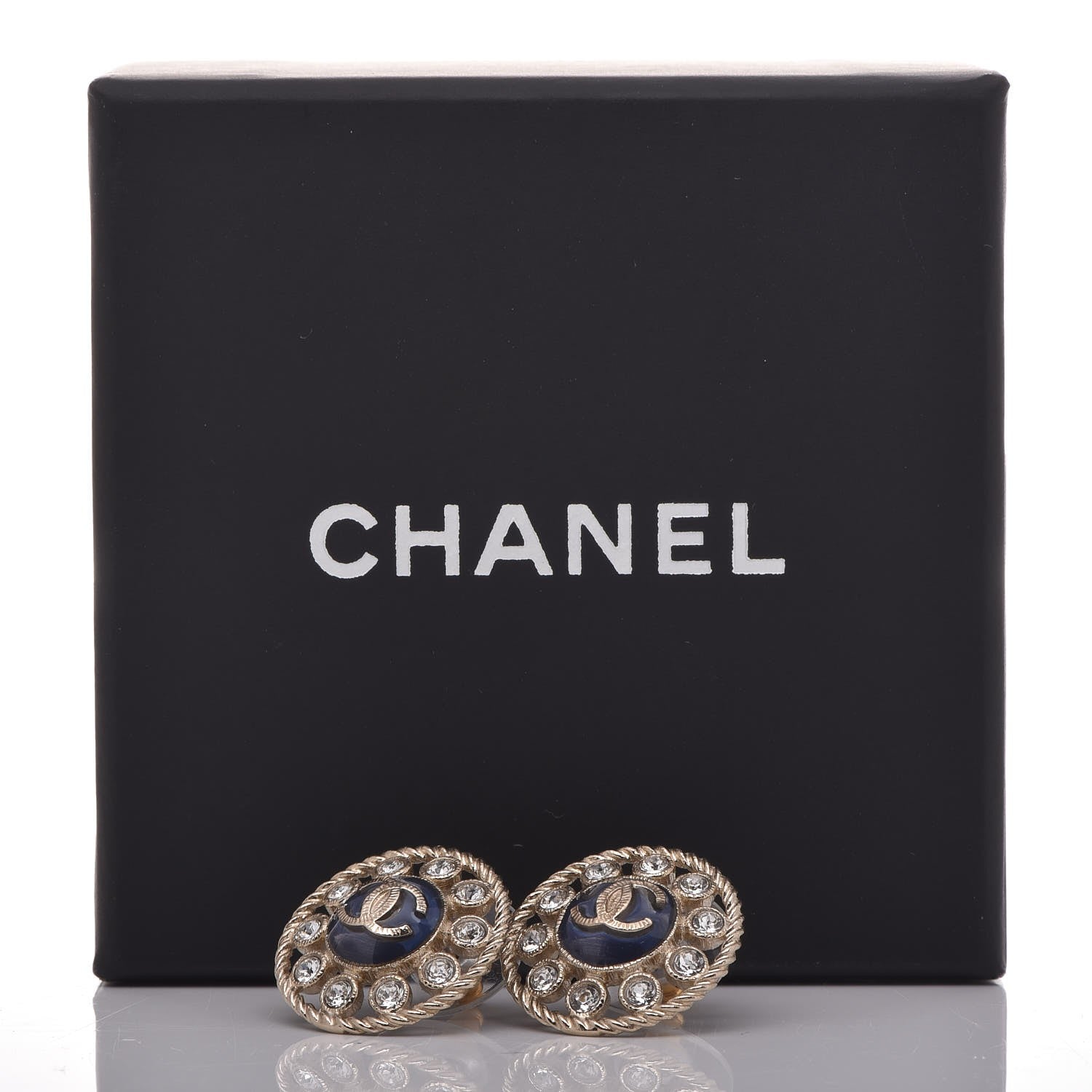 Chanel Crystal CC Round Earrings Blue Light Gold 5 of 5