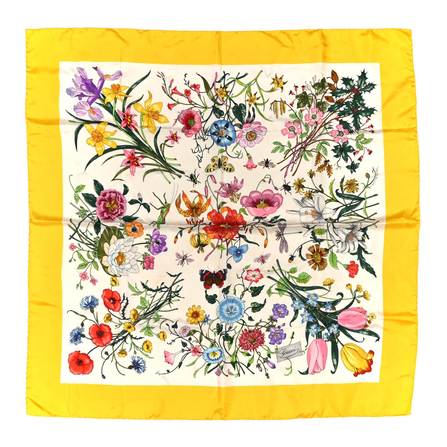 Silk Twill Flora Fluo Square Scarf Ivory Yellow