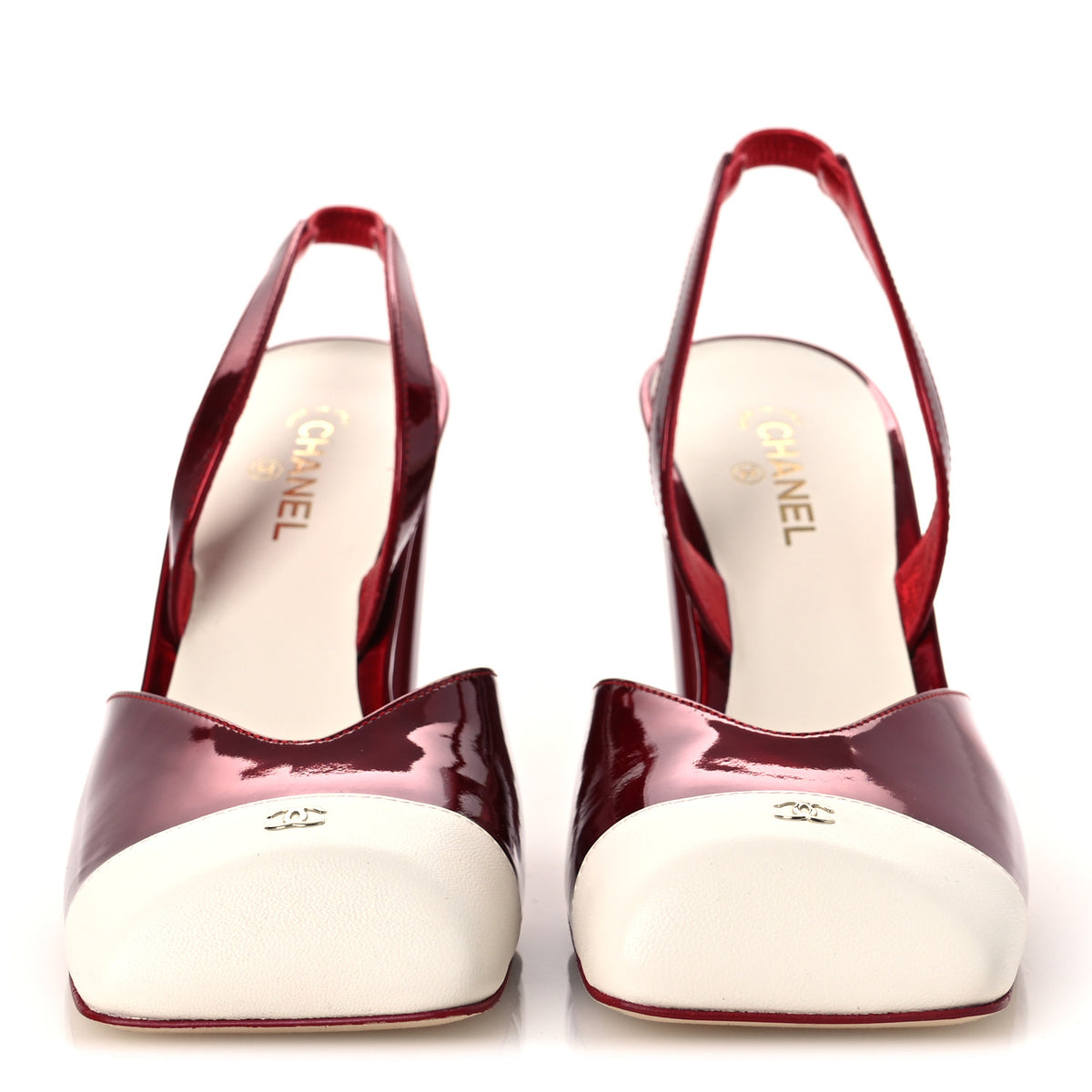 Chanel Laminated Calfskin Lambskin Cap Toe CC Slingback Pumps 38 Red Ivory 3 of 11